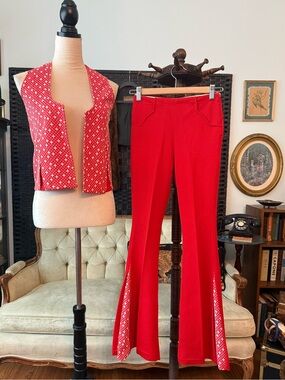 ❤️ Vintage 70s Handmade Red Bell Bottom Pant Set Talon Zip Mod Disco S XS
